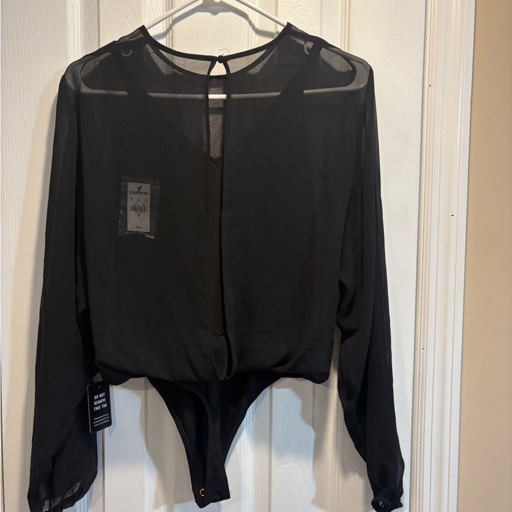 Express Black Sheer Mesh Long Sleeve Keyhole Bodysuit Going Out top Chic sexy - Picture 2 of 4